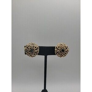 Vintage Avon Gold Tone Filigree Clip On Earrings Round Crystal Statement Jewelry